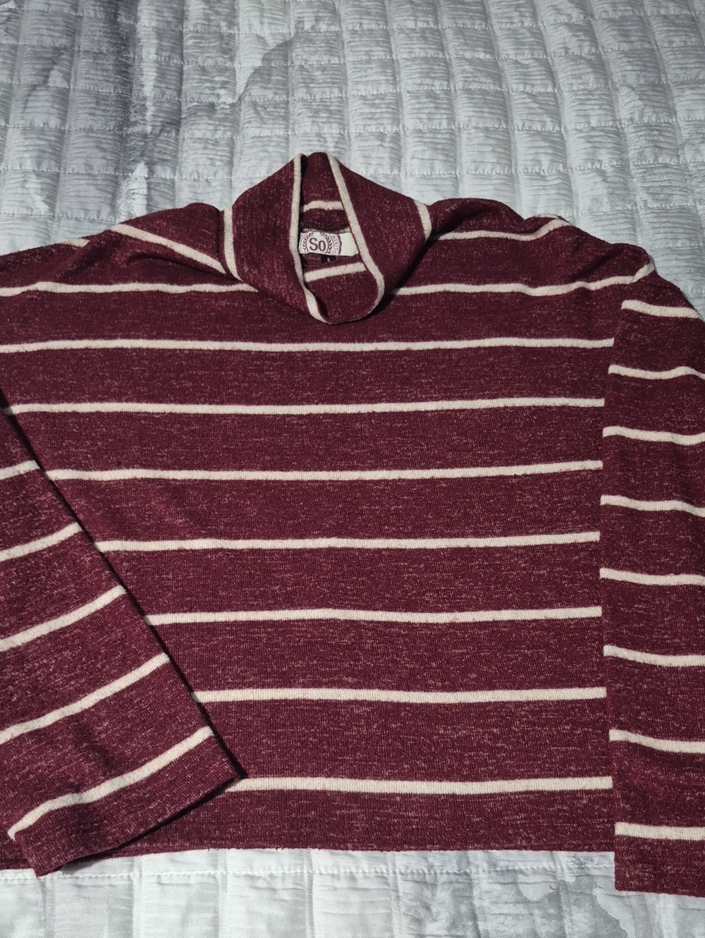 SO Burgundy and Cream Striped Turtleneck Sweater